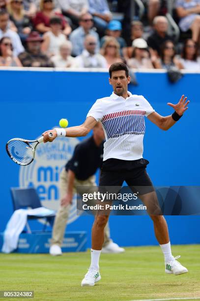 Novak Djokovic of Serbia hits a forehand during the Final match against Gael Monfils of France during the Aegon International Eastbourne on July 1,...