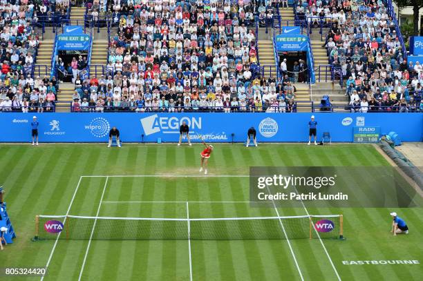 Caroline Wozniacki of Denmark serves during the Final match against Karolina Pliskova of Czech Republic on day seven at during the Aegon...