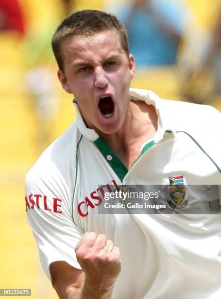 Morne Morkel of South Africa celebrates the wicket of VVS Laxman for 35 runs during Day 3 of the second test match between India and South Africa...