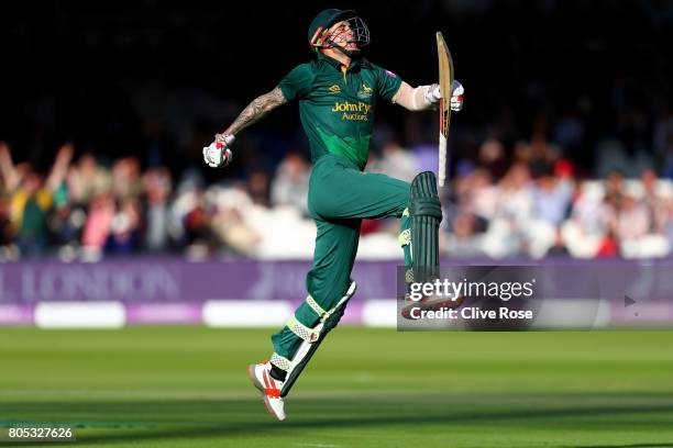 Alex Hales of Nottinghamshire celebrates the winning runs during the Royal London One-Day Cup Final betwen Nottinghamshire and Surrey at Lord's...