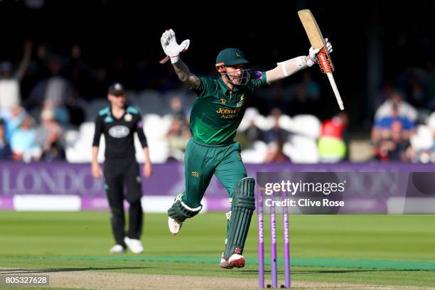 Alex Hales of Nottinghamshire celebrates the winning runs during the Royal London One-Day Cup Final betwen Nottinghamshire and Surrey at Lord's...