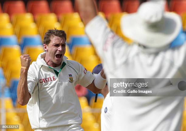 Dale Steyn of South Africa celebrates the wicket of Sourav Ganguly for 87 runs during Day 3 of the second test match between India and South Africa...