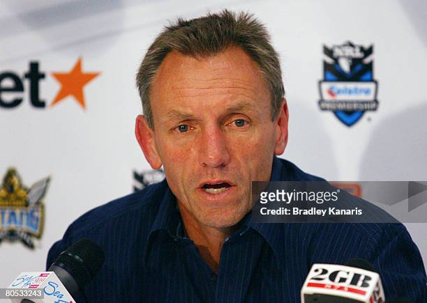Raiders coach Neil Henry speaks to the media at a post-match press conference after the round four NRL match between the Gold Coast Titans and the...