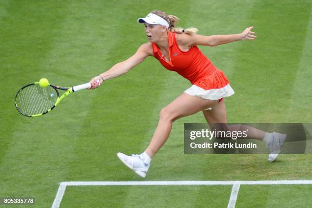 Caroline Wozniacki of Denmark hits a forehand during the Final match against Karolina Pliskova of Czech Republic on July 1, 2017 in Eastbourne,...