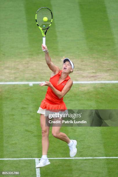 Caroline Wozniacki of Denmark volleys during the Final match against Karolina Pliskova of Czech Republic on day seven on July 1, 2017 in Eastbourne,...