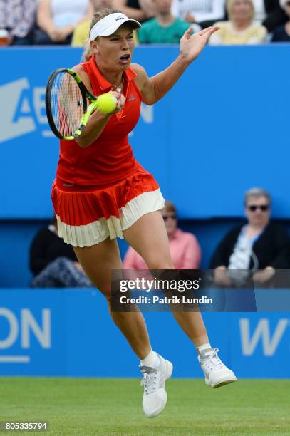 Caroline Wozniacki of Denmark hits a forehand during the Final match against Karolina Pliskova of Czech Republic on day seven on July 1, 2017 in...