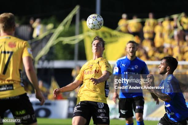Simon Olsson of IF Elfsborg and Nikolai Alho of Halmstad BK competes for the ball during the Allsvenskan match between Halmstad BK and IF Elfsborg at...