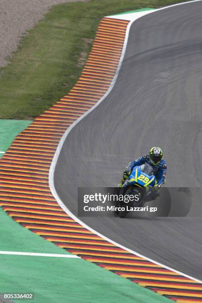 Andrea Iannone of Italy and Team Suzuki ECSTAR heads down a straight during the MotoGp of Germany - Qualifying at Sachsenring Circuit on July 1, 2017...