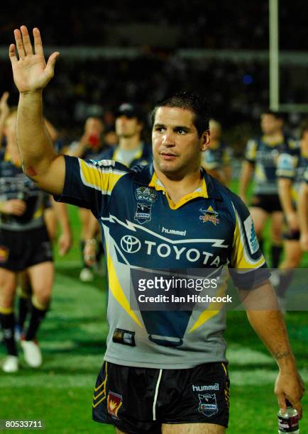 Carl Webb of the Cowboys waves to the crowd after winning the round four NRL match between the North Queensland Cowboys and the Parramatta Eels at...
