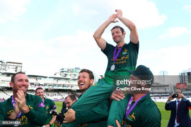Nottinghamshire Captain Chris Read is lifted aloft as Nottinghamshire win the Royal London One-Day Cup Final betwen Nottinghamshire and Surrey at...