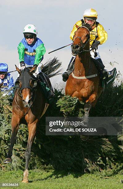 Jockey Timmy Murphy riding horse Comply or Die clears the last fence beside Jockey David Casey on horse Snowy Morning to win the Grand National horse...