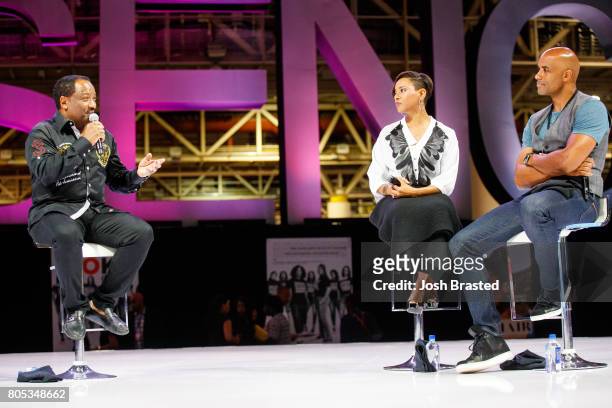 Donnie Simpson, MC Lyte and Boris Kodjoe attend the 2017 Essence Festival at the Ernest N. Morial Convention Center on June 30, 2017 in New Orleans,...