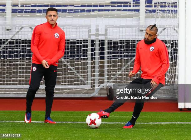 Arturo Vidal kicks the ball during a Chile training session ahead of their FIFA Confederations Cup Russia 2017 final against Germany at Smena Stadium...