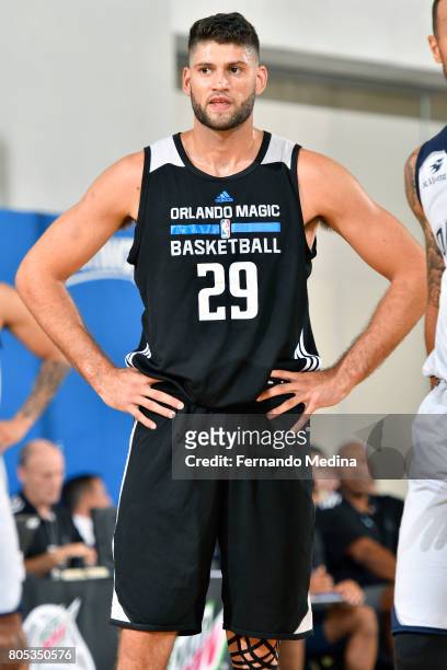 Patricio Garino of the Orlando Magic looks on during the game against the Indiana Pacers during the 2017 Orlando Summer League on July 1, 2017 at...