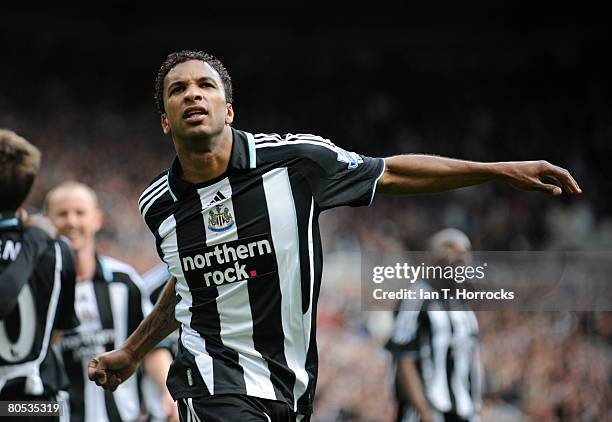 Habib Beye of Newcastle celebrates their win during the Barclays Premier League game between Newcastle United and Reading at St James' Park on April...