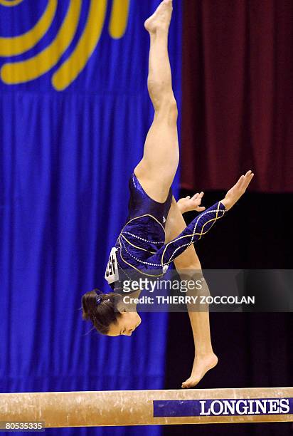 Pauline Morel , member of the French senior team, performs on beam during the Euro-2008 women artistic gymnastics championships, on April 5, 2008 in...