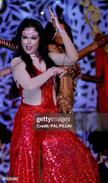 Indian actress Sameera Reddy performs during the Miss India pageant contest on April 5, 2008 in Mumbai. Around 30 contestants from across the country...