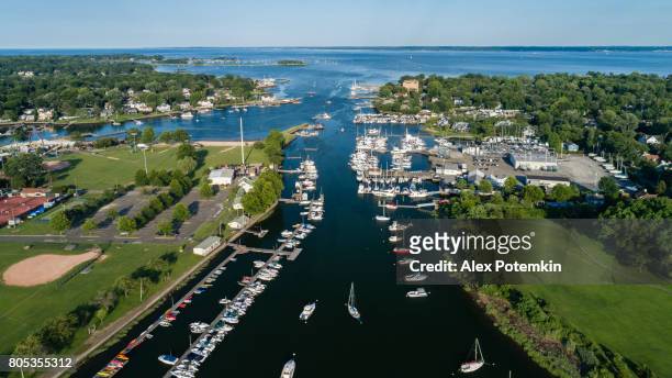 the aerial shoot of the marina in mamaroneck, westchester county, new york state, usa - mamaroneck stock pictures, royalty-free photos & images