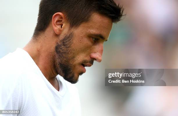 Damir Dzumhur of Bosnia and Herzegovina looks on during his match against Thanasi Kokkinakis of Australia day five of The Boodles Tennis Event at...