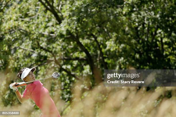 Michelle Wie hits her tee shot on the fifth hole during the third round of the 2017 KPMG PGA Championship on July 1, 2017 in Olympia Fields, Illinois.