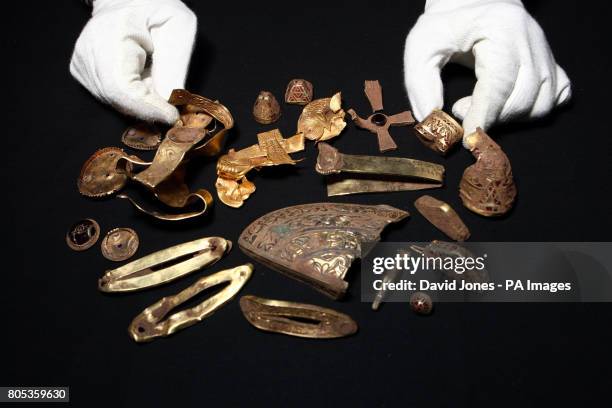 Some of the hoard of items found just below the surface of a cultivated field in south Staffordshire in July go on display at Birmingham Museum.