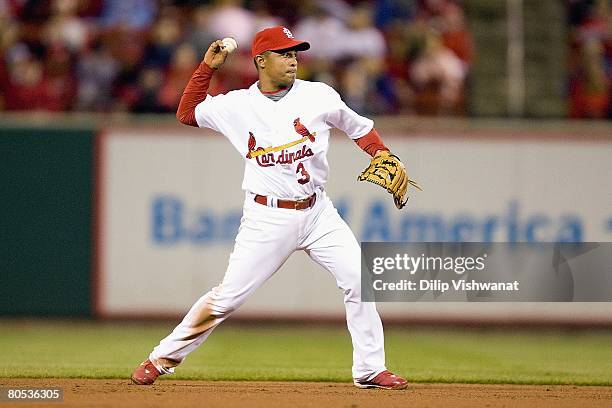 Cesar Izturis of the St. Louis Cardinals fields the ball against the Colorado Rockies on April 2, 2008 at Busch Stadium in St. Louis, Missouri.