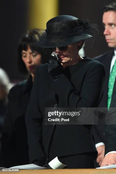 Maike Kohl-Richter, the widow of Helmut Kohl wipes away a tear during a requiem for former German Chancellor Helmut Kohl at Speyer cathedral on July...