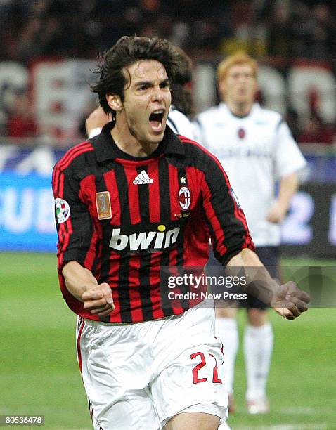 Kaka of AC Milan celebrates a goal during the Serie A match between Milan and Cagliari at the Stadio San Siro on April 5, 2008 in Milan, Italy.