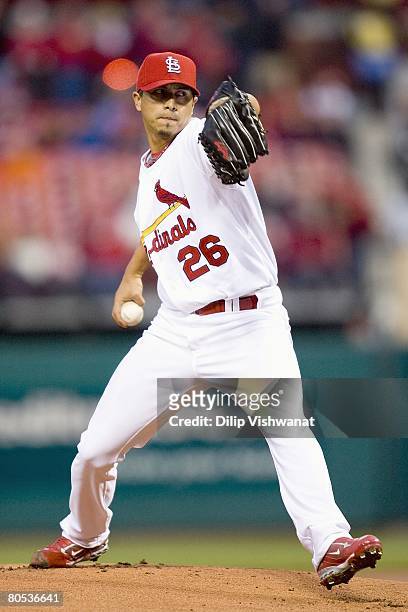 Kyle Lohse of the St. Louis Cardinals delivers the pitch against the Colorado Rockies during Opening Day on April 1, 2008 at Busch Stadium in St....
