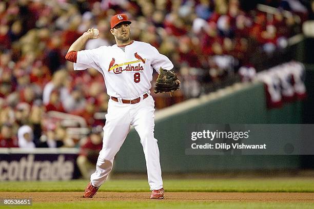 Troy Glaus of the St. Louis Cardinals fields the ball against the Colorado Rockies during Opening Day on April 1, 2008 at Busch Stadium in St. Louis,...