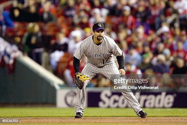 Todd Helton of the Colorado Rockies gets ready onfield against the St. Louis Cardinals during Opening Day on April 1, 2008 at Busch Stadium in St....