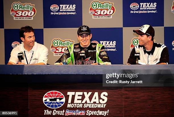 Car owner J.D. Gibbs, Kyle Busch, driver of the DLP HDTV Toyota, and crew chief Jason Ratcliff, speak at a press conference following Busch's win of...