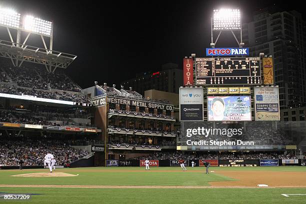 General view as Jake Peavy of the San Diego Padres pitches during the Opening Day game against the Houston Astros on March 31, 2008 at Petco Park in...