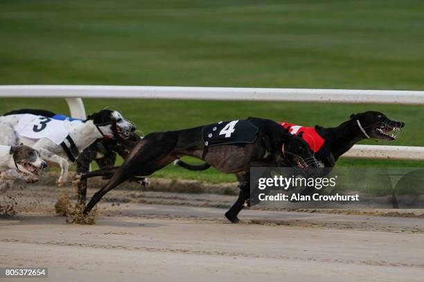 Astute Missile at the first bend before going on to win The Star Sports 2017 English Greyhound Derby Final at Towcester greyhound track on July 1,...