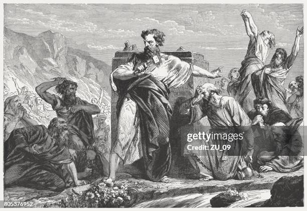 ilustraciones, imágenes clip art, dibujos animados e iconos de stock de moisés destruye el becerro de oro (éxodo 32, 20), publicado en 1886 - antiguo-testamento