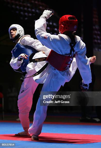 Diana Lopez and Nia Abdallah fight during the Taekwando Olympic Trials at the Veterans Memorial Auditorium on April 5, 2008 in Des Moines, Iowa....
