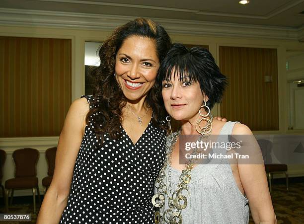 Actresses Laura Ceron and Dyana Ortelli (right attend the cocktail party for the film "Flights of Fancy" held at the Beverly Wilshire Hotel on April...