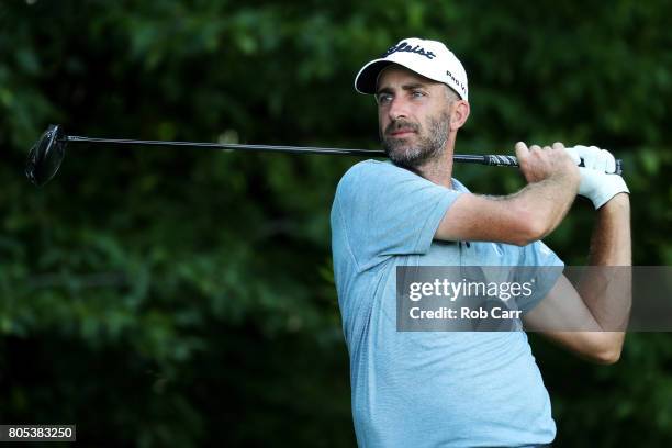 Geoff Ogilvy of Australia plays his shot from the eighth tee during the third round of the Quicken Loans National on July 1, 2017 TPC Potomac in...