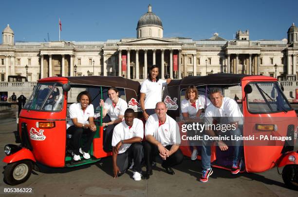 Left to right, Dame Kelly Holmes, England netball player Karen Atkinson, Jeffrey Lawal-Balogun, England netball player Geva Mentor, Lawrence...