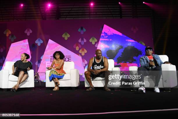 Lynn Whitfield, Yara Shahidi, John Singleton and Spike Lee speak onstage at the 2017 ESSENCE Festival presented by Coca-Cola at Ernest N. Morial...