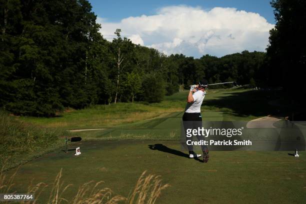 David Lingmerth of Sweden plays his shot from the tenth tee during the third round of the Quicken Loans National on July 1, 2017 TPC Potomac in...