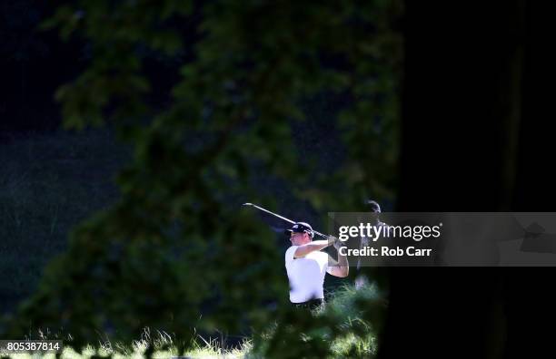 David Lingmerth of Sweden plays his shot from the tenth tee during the third round of the Quicken Loans National on July 1, 2017 TPC Potomac in...