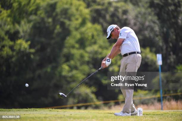 Jeff Gove tees off on the 18th hole during the third round of the Web.com Tour Nashville Golf Open Benefitting the Snedeker Foundation at Nashville...