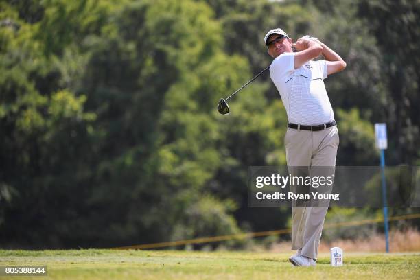 Jeff Gove tees off on the 18th hole during the third round of the Web.com Tour Nashville Golf Open Benefitting the Snedeker Foundation at Nashville...