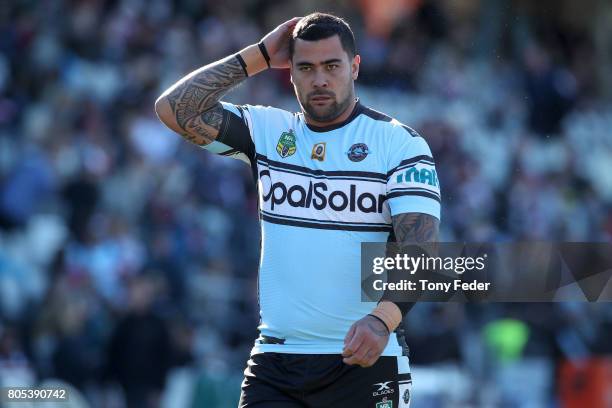 Andrew Fifita of the Sharks in the warm up before the round 17 NRL match between the Sydney Roosters and the Cronulla Sharks at Central Coast Stadium...