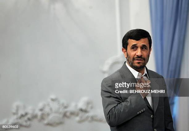 Iranian President Mahmoud Ahmadinejad waits for his guests at the presidential palace in Tehran on April 06, 2008. Ahmadinejad said earlier this week...