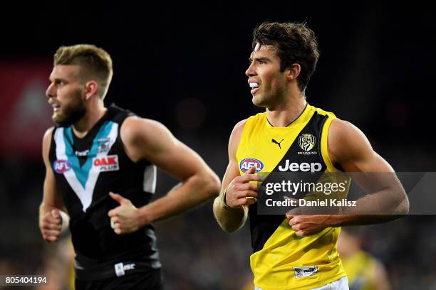 Alex Rance of the Tigers and Jackson Trengove of the Power look on during the round 15 AFL match between the Port Adelaide Power and the Richmond...