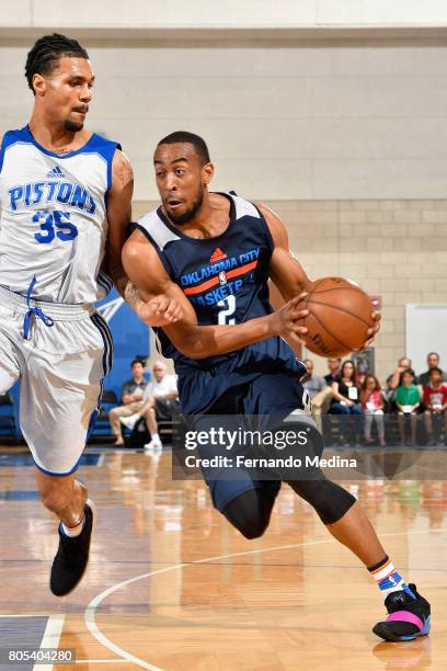 Markel Brown of the Oklahoma City Thunder handles the ball against the Detroit Pistons during the 2017 Summer League on July 1, 2017 at Amway Center...