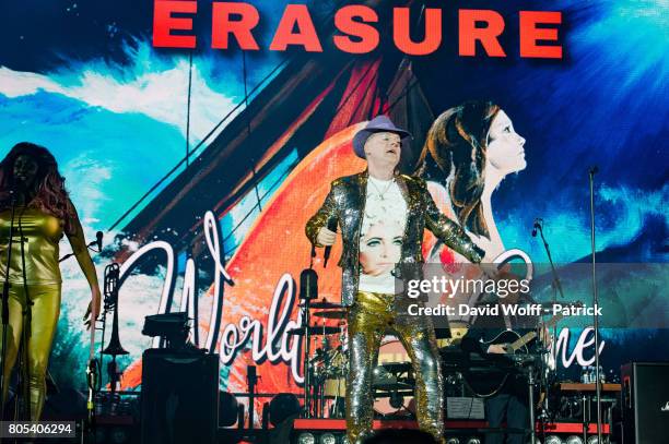 Andy Bell and Vince Clarke from Erasure open for Robbie Williams at AccorHotels Arena on July 1, 2017 in Paris, France.