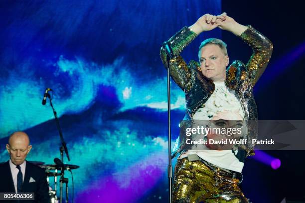 Andy Bell and Vince Clarke from Erasure open for Robbie Williams at AccorHotels Arena on July 1, 2017 in Paris, France.